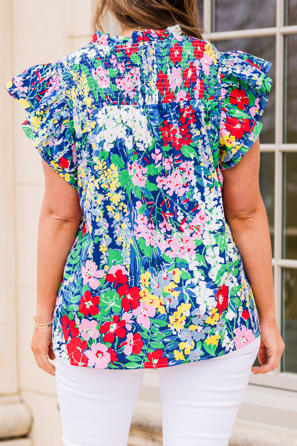 Chic Soul plus size clothing, navy short sleeve top with multi floral print with v cutout on neckline and ruffle sleeves