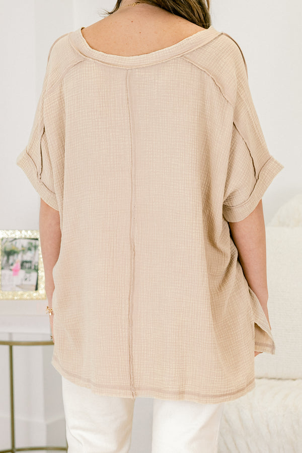 Chic Soul plus size clothing, ash mocha short sleeve v-neck basic top with middle seam on back