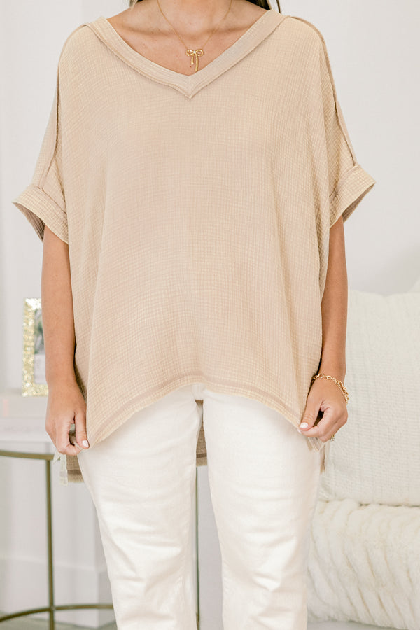 Chic Soul plus size clothing, ash mocha short sleeve v-neck basic top with middle seam on back