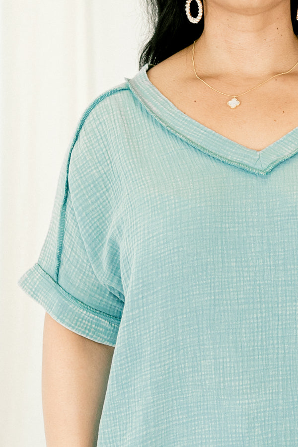 Chic Soul plus size clothing, dusty teal short sleeve casual top with dark blue stitching details and a slight v-neck 