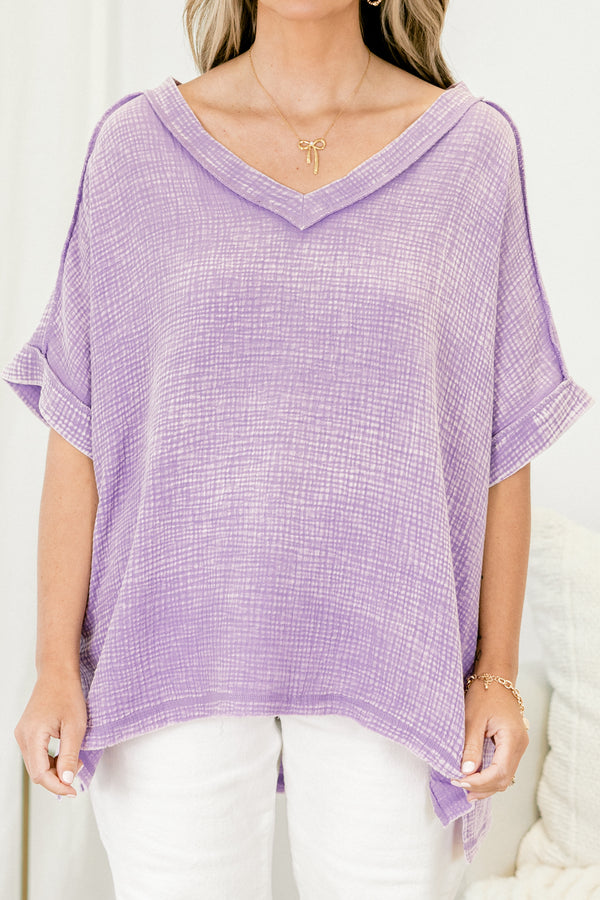 Chic Soul Plus size clothing, lavender acid wash short sleeve top with cuffs at the end of the sleeves and a v-neckline 
