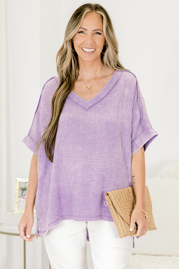 Chic Soul Plus size clothing, lavender acid wash short sleeve top with cuffs at the end of the sleeves and a v-neckline 
