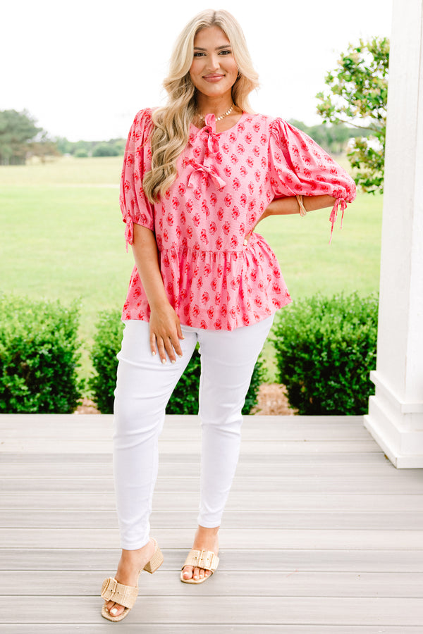Chic Soul plus size clothing, pink drawstring-bubble-half-sleeve rounded neckline babydoll top with two tied bow closures near neckline and red dainty floral pattern