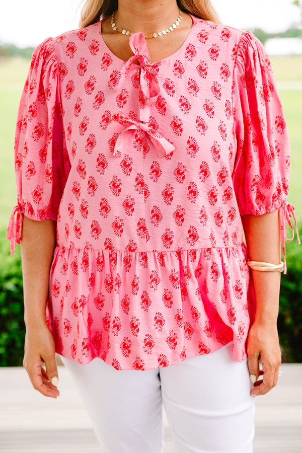Chic Soul plus size clothing, pink drawstring-bubble-half-sleeve rounded neckline babydoll top with two tied bow closures near neckline and red dainty floral pattern