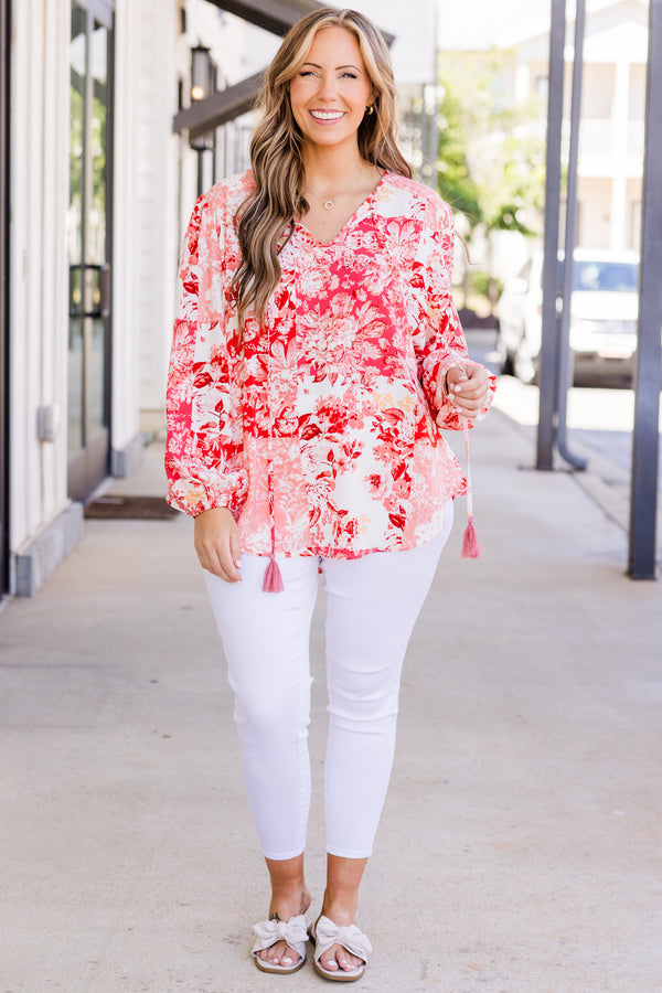 Chic Soul plus size clothing, long-sleeve v-neckline coral top with red and coral floral pattern and tassels on neckline