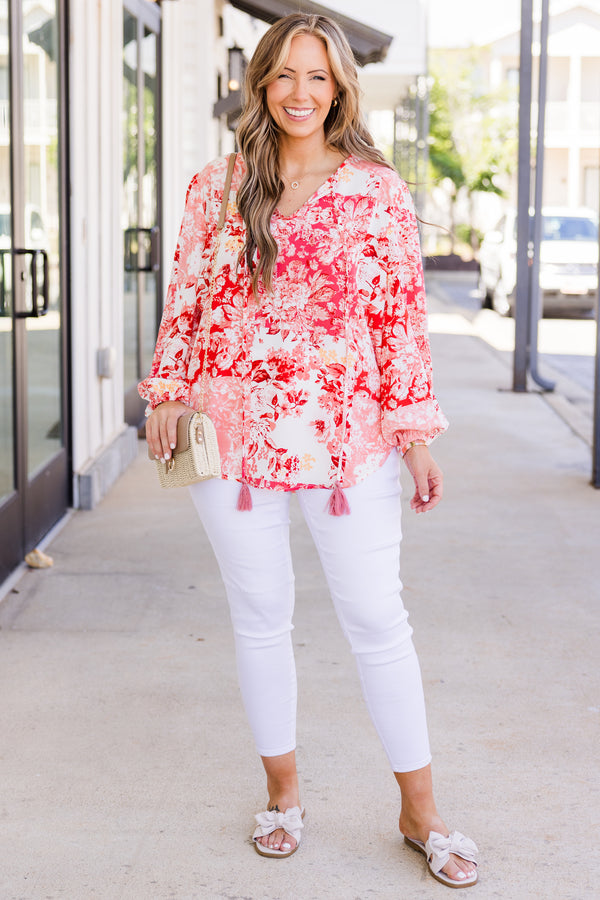 Chic Soul plus size clothing, long-sleeve v-neckline coral top with red and coral floral pattern and tassels on neckline