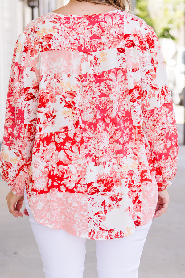 Chic Soul plus size clothing, long-sleeve v-neckline coral top with red and coral floral pattern and tassels on neckline