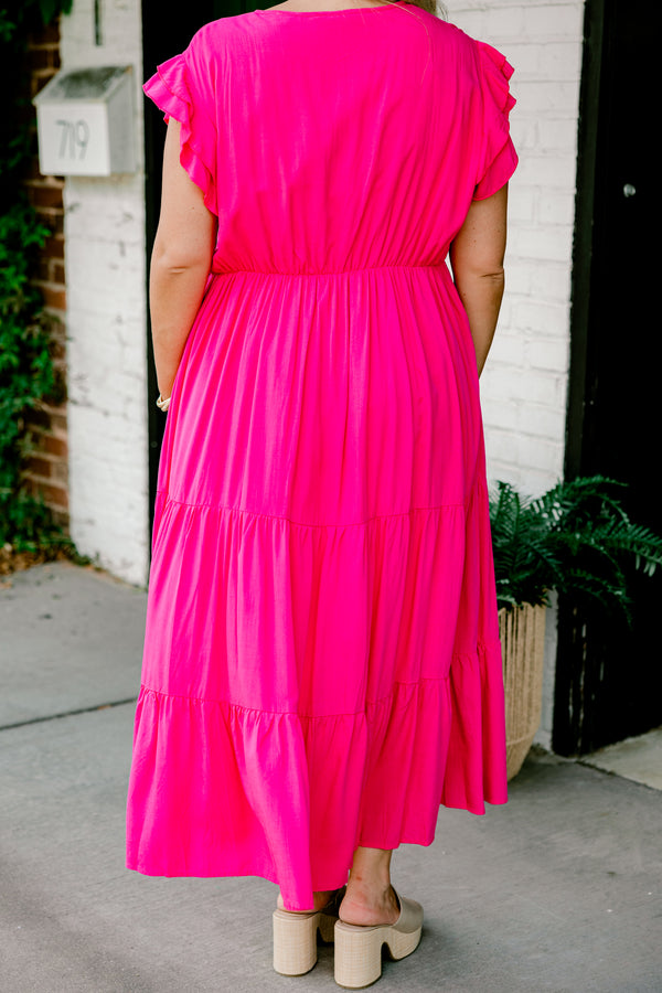 Chic Soul plus size clothing, hot pink short-flutter sleeve string tie neckline casual tiered maxi dress with cinched waist