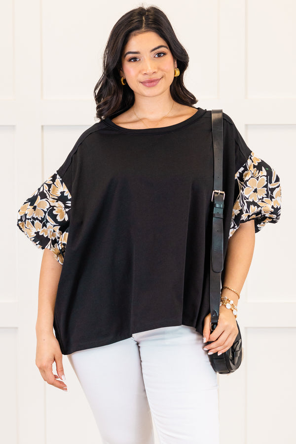 Chic Soul plus size clothing, black top with gold floral pattern on the puff sleeves