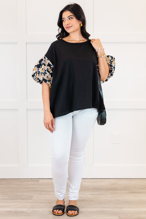 Chic Soul plus size clothing, black top with gold floral pattern on the puff sleeves