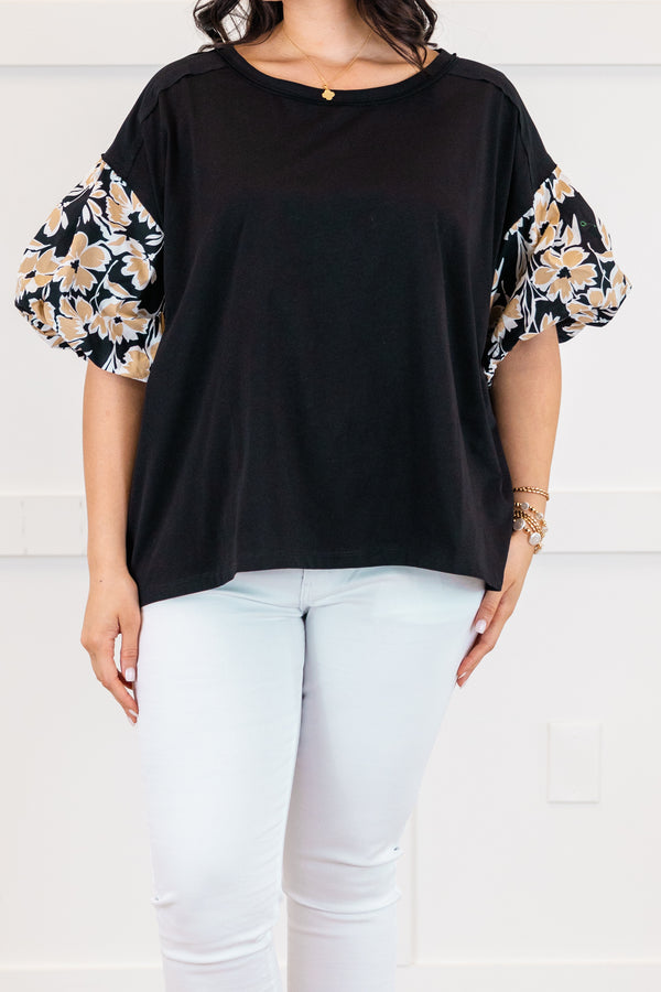 Chic Soul plus size clothing, black top with gold floral pattern on the puff sleeves
