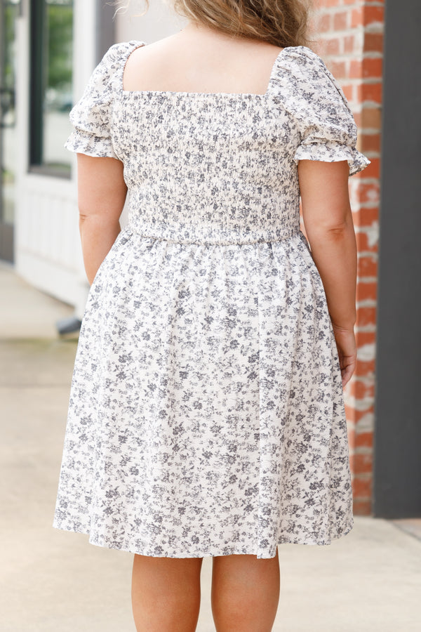 Chic Soul plus size clothing, white floral pattern babydoll dress with bubble sleeves and a smocked bodice