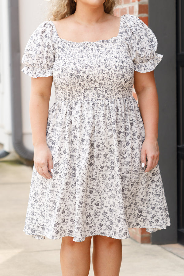 Chic Soul plus size clothing, white floral pattern babydoll dress with bubble sleeves and a smocked bodice