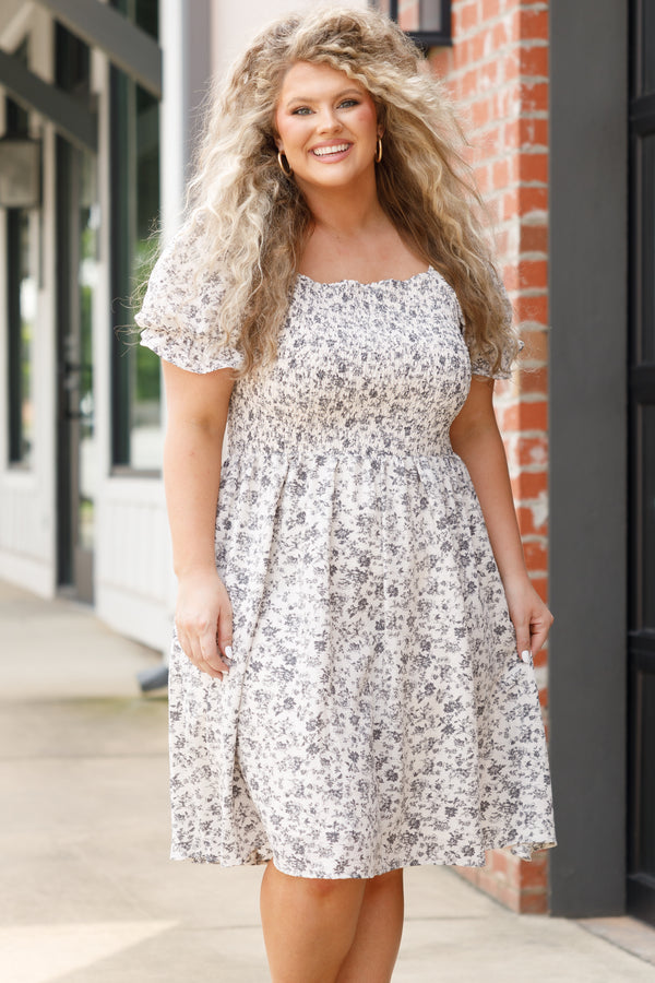 Chic Soul plus size clothing, white floral pattern babydoll dress with bubble sleeves and a smocked bodice