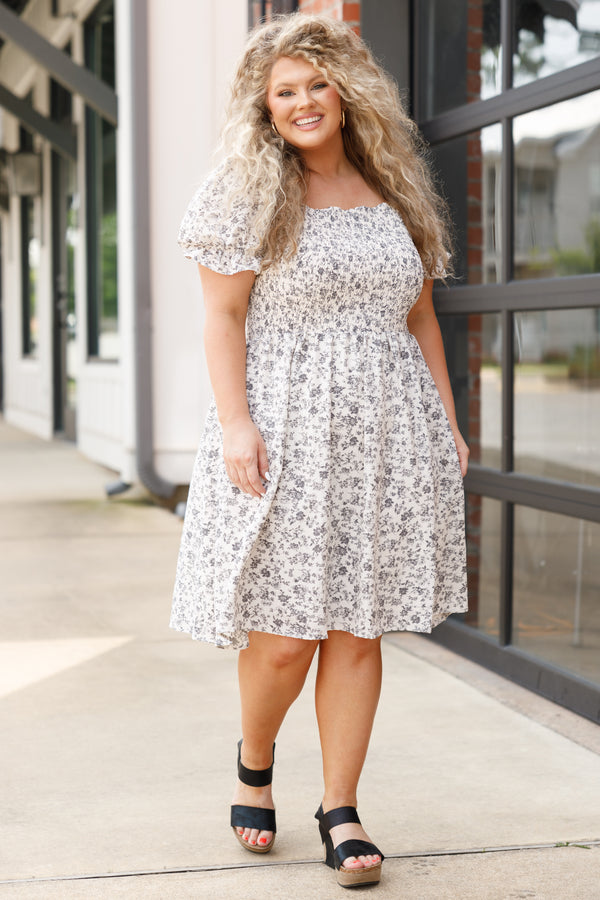Chic Soul plus size clothing, white floral pattern babydoll dress with bubble sleeves and a smocked bodice