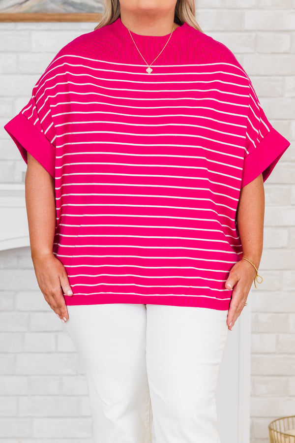 Chic Soul plus size clothing, hot pink top with ivory stripes and pre cuffed sleeves