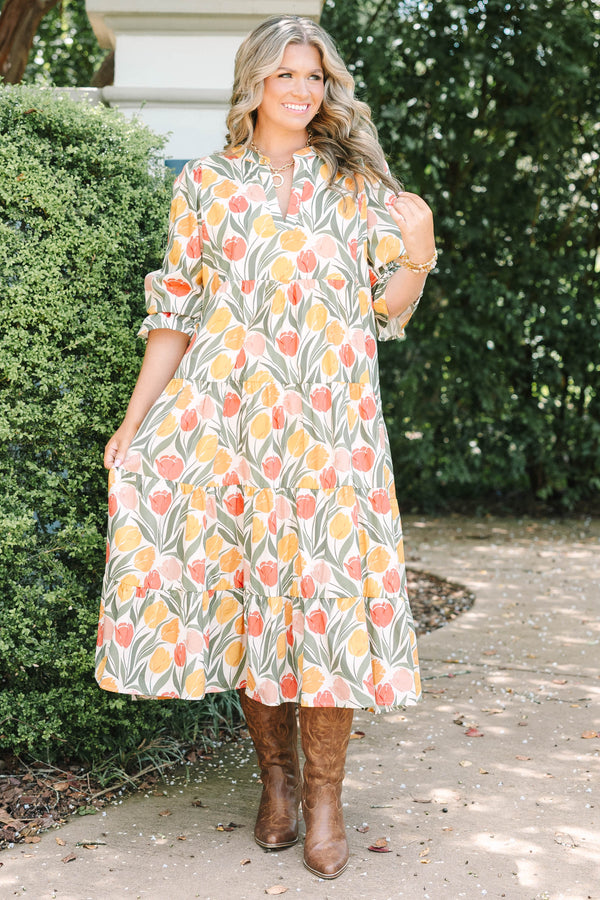 Plus Size taupe floral tiered midi dress with a V-neckline, puff sleeves, and a tulip print.