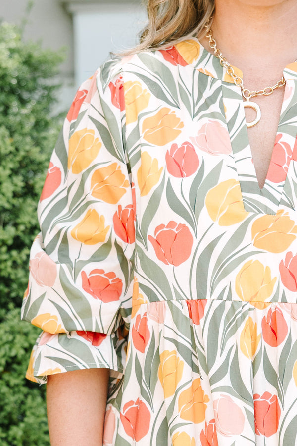 Plus Size taupe floral tiered midi dress with a V-neckline, puff sleeves, and a tulip print.