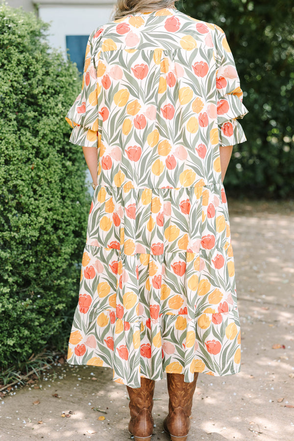 Plus Size taupe floral tiered midi dress with a V-neckline, puff sleeves, and a tulip print.