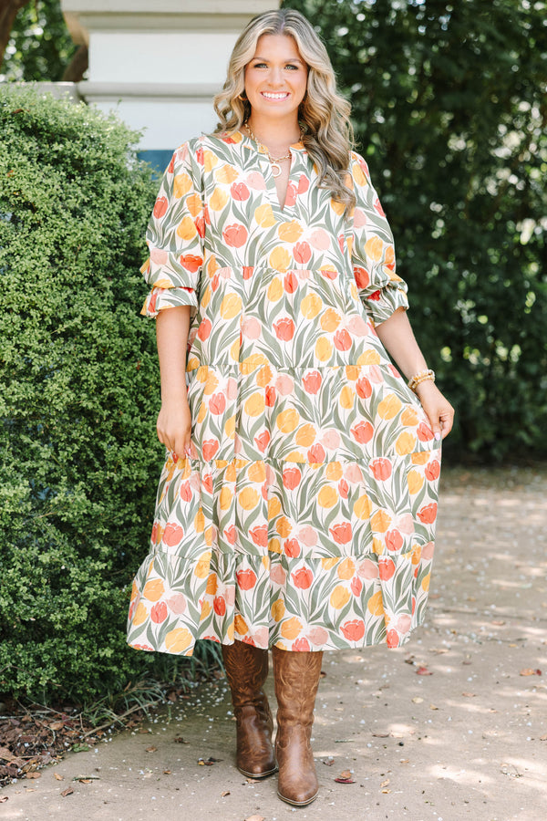 Plus Size taupe floral tiered midi dress with a V-neckline, puff sleeves, and a tulip print.