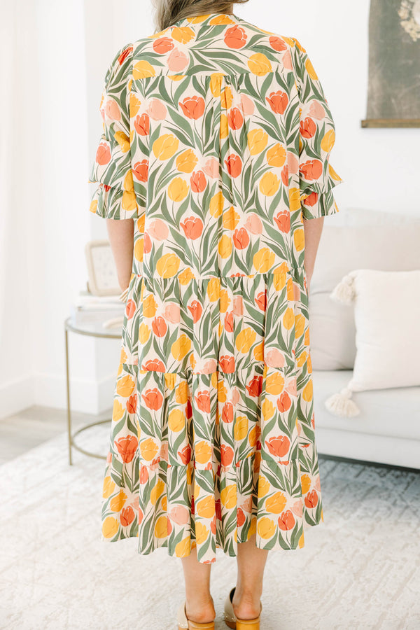 Plus Size taupe floral tiered midi dress with a V-neckline, puff sleeves, and a tulip print.