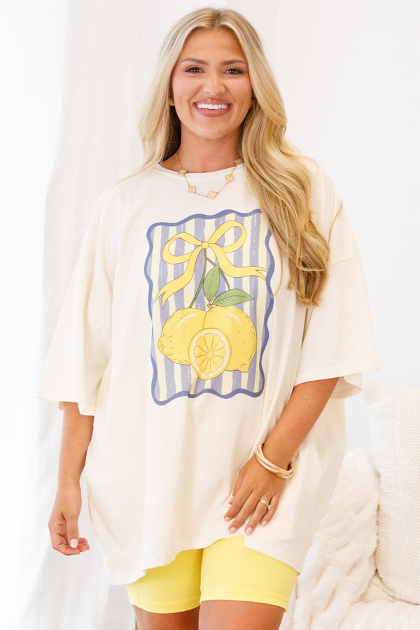 Chic Soul plus size clothing, ivory half sleeve crewneck tee with lemons and pale blue striped graphic