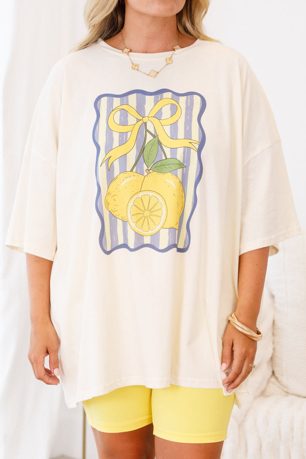 Chic Soul plus size clothing, ivory half sleeve crewneck tee with lemons and pale blue striped graphic
