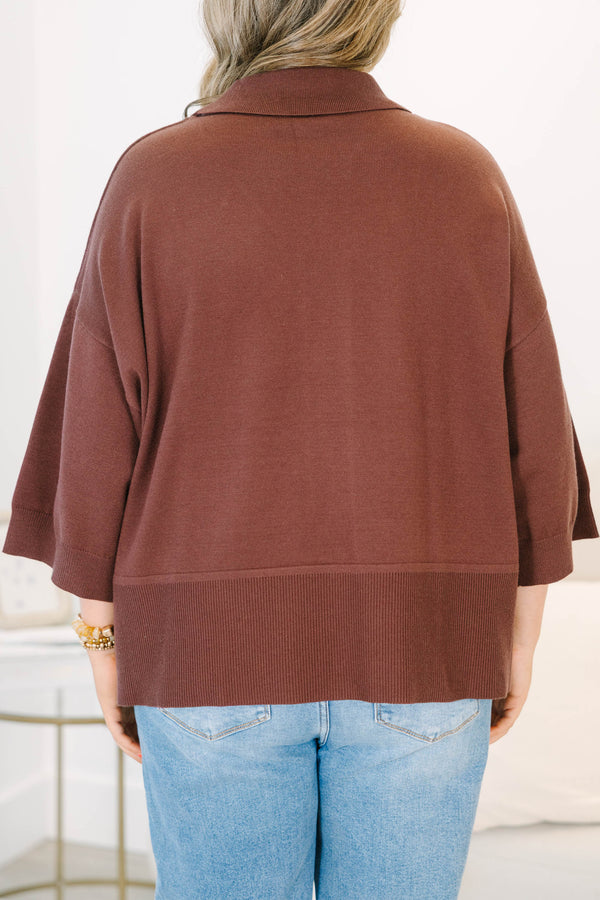Plus Size brown knit polo sweater with a white collar accent and vertical stripe down the front.