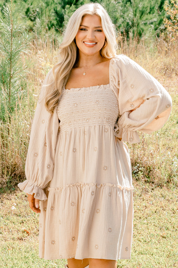 Chic Soul plus size clothing, tan long puff sleeve short dress with embroidered tan floral pattern and stretchy bodice