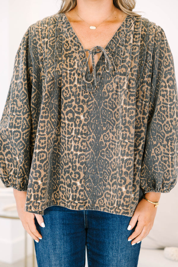 Plus Size leopard print cotton top with a tie-neck, long balloon sleeves, and a relaxed fit.