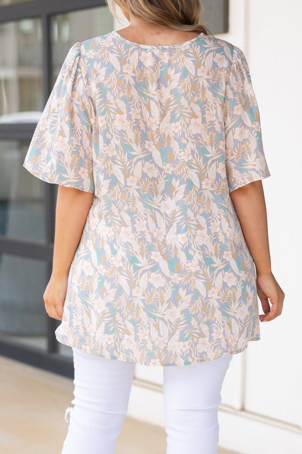 Chic Soul plus size clothing, denim blue babydoll style top with tan floral pattern