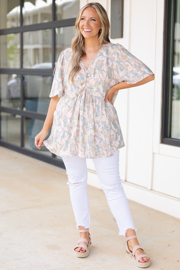 Chic Soul plus size clothing, denim blue babydoll style top with tan floral pattern