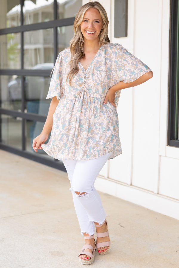 Chic Soul plus size clothing, denim blue babydoll style top with tan floral pattern