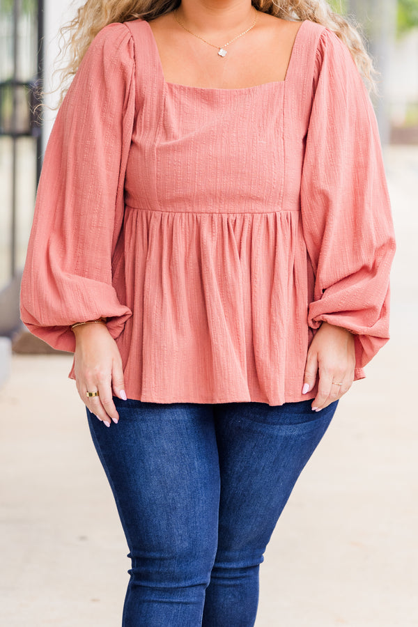 Chic Soul plus size clothing, puffed long-sleeve peach baby doll top with square-neckline 
