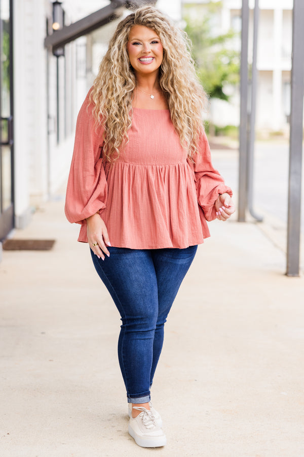 Chic Soul plus size clothing, puffed long-sleeve peach baby doll top with square-neckline 