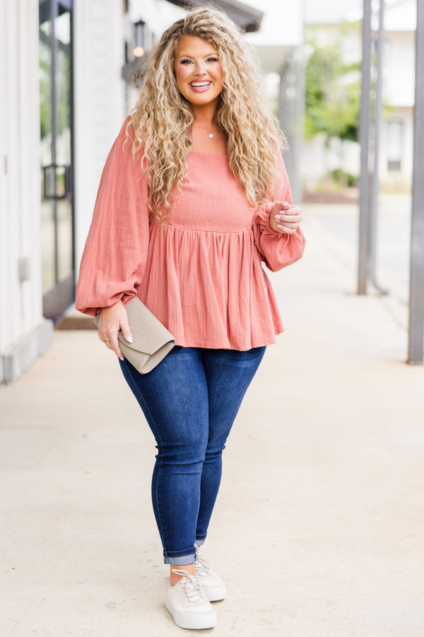 Chic Soul plus size clothing, puffed long-sleeve peach baby doll top with square-neckline 