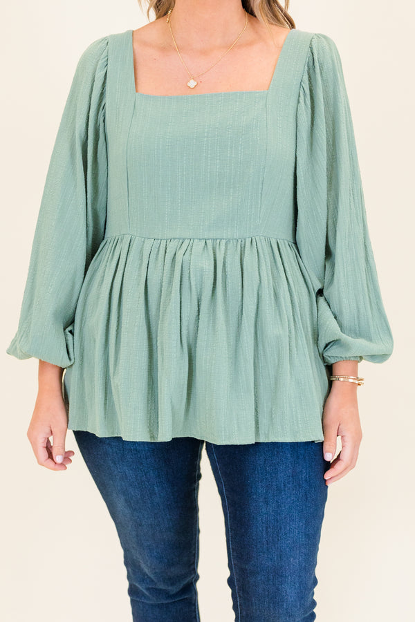 Chic Soul plus size clothing, seafoam long sleeve peplum top with square neckline and cuffed puff sleeves