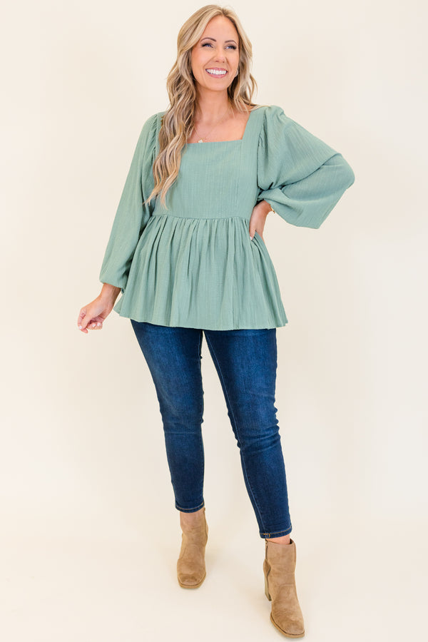 Chic Soul plus size clothing, seafoam long sleeve peplum top with square neckline and cuffed puff sleeves
