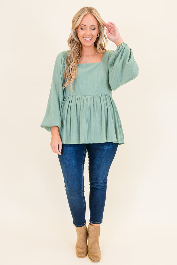 Chic Soul plus size clothing, seafoam long sleeve peplum top with square neckline and cuffed puff sleeves