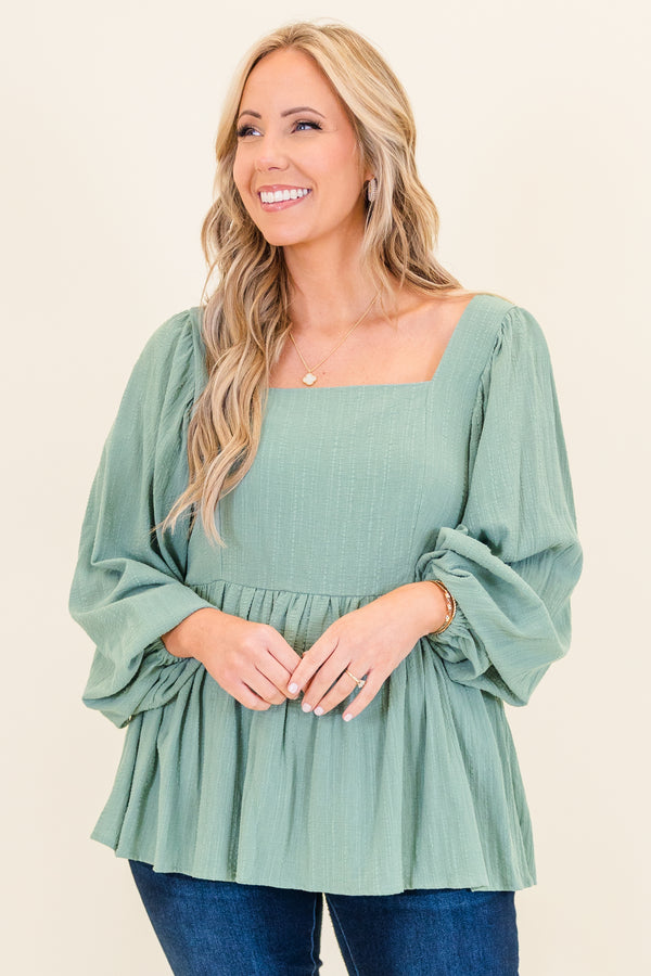 Chic Soul plus size clothing, seafoam long sleeve peplum top with square neckline and cuffed puff sleeves