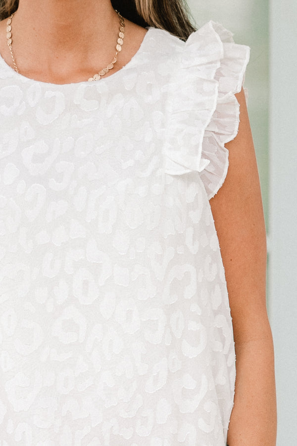 Chic Soul plus size clothing, white animal print sleeveless top with ruffle detailing