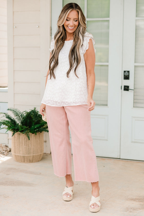 Chic Soul plus size clothing, white animal print sleeveless top with ruffle detailing