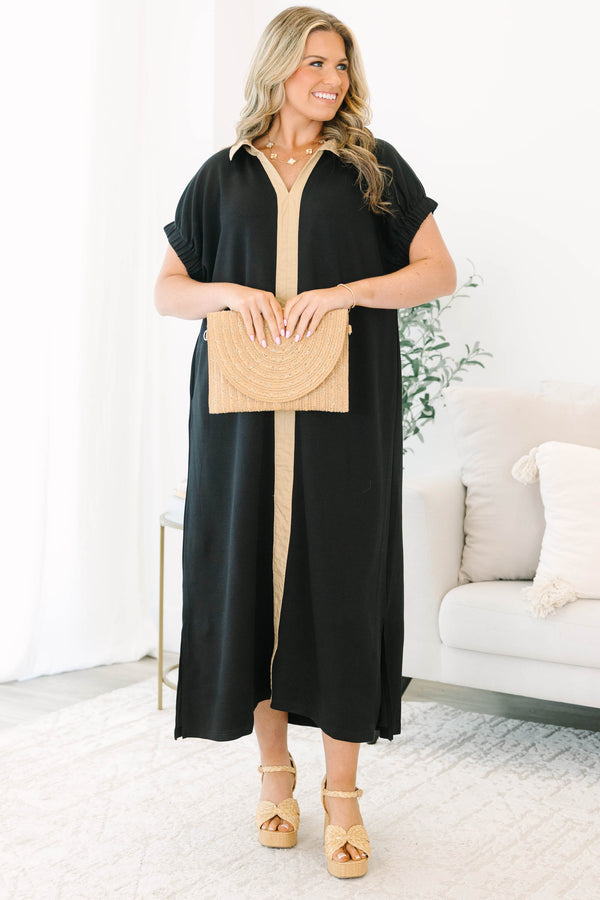 Plus Size black midi dress featuring a tan collar, V-neckline, and a vertical tan stripe detail.