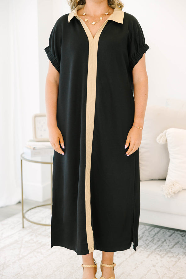 Plus Size black midi dress featuring a tan collar, V-neckline, and a vertical tan stripe detail.