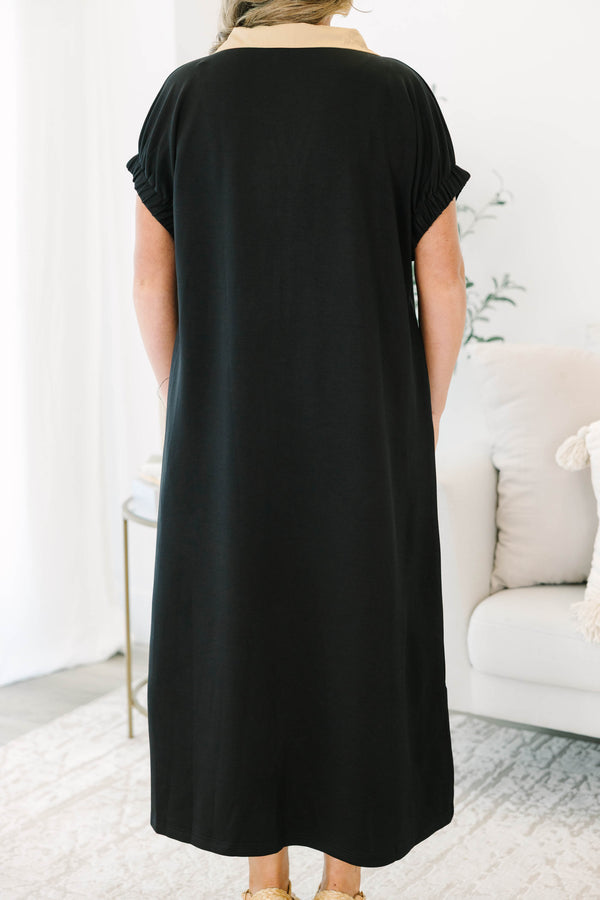 Plus Size black midi dress featuring a tan collar, V-neckline, and a vertical tan stripe detail.