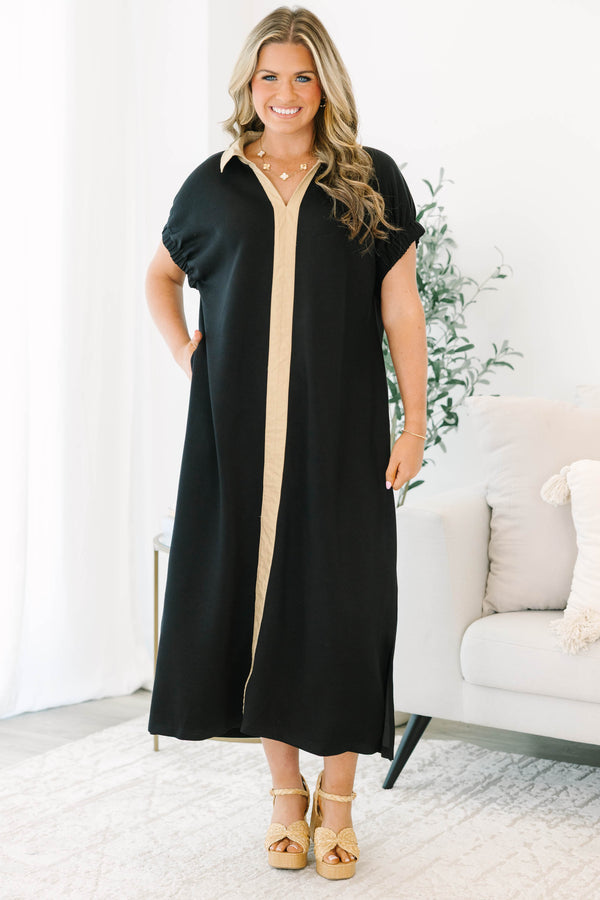 Plus Size black midi dress featuring a tan collar, V-neckline, and a vertical tan stripe detail.