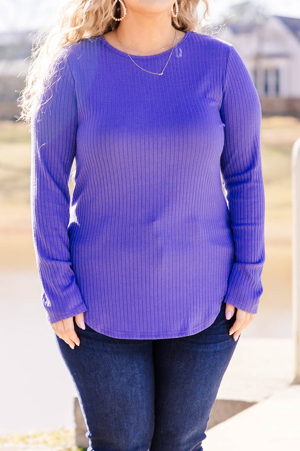 Chic Soul plus size clothing, ribbed long sleeve purple top with scoop bottom with button detail on back