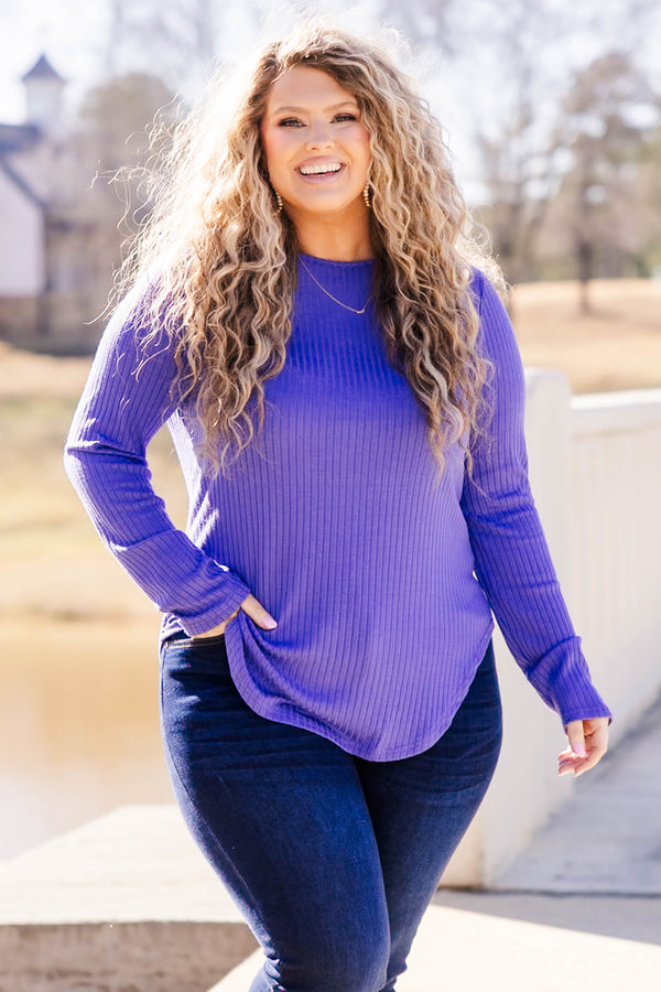 Chic Soul plus size clothing, ribbed long sleeve purple top with scoop bottom with button detail on back