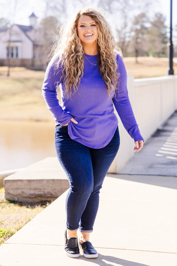 Chic Soul plus size clothing, ribbed long sleeve purple top with scoop bottom with button detail on back