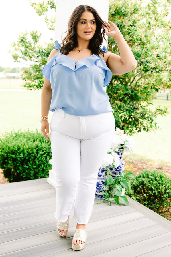 Chic Soul plus size clothing, light blue flowy tank with ruffles across neckline and flutter sleeves